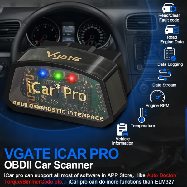 Vgate iCar Pro ELM327 V2.3 OBD2 Scanner – Bluetooth 4.0 / WiFi / BT3.0 | For iOS & Android - Imagen 2