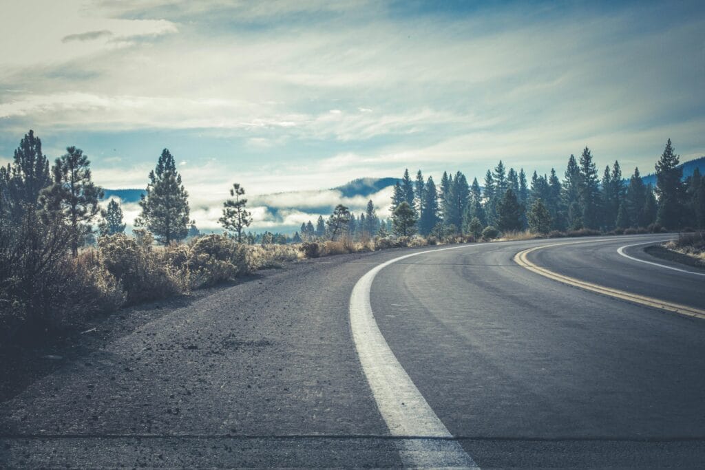 A scenic view of a winding highway through a conifer forest on a cloudy day, offering natural beauty.